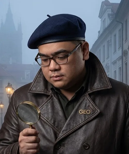 GEO 先生手持放大鏡的半身近照。